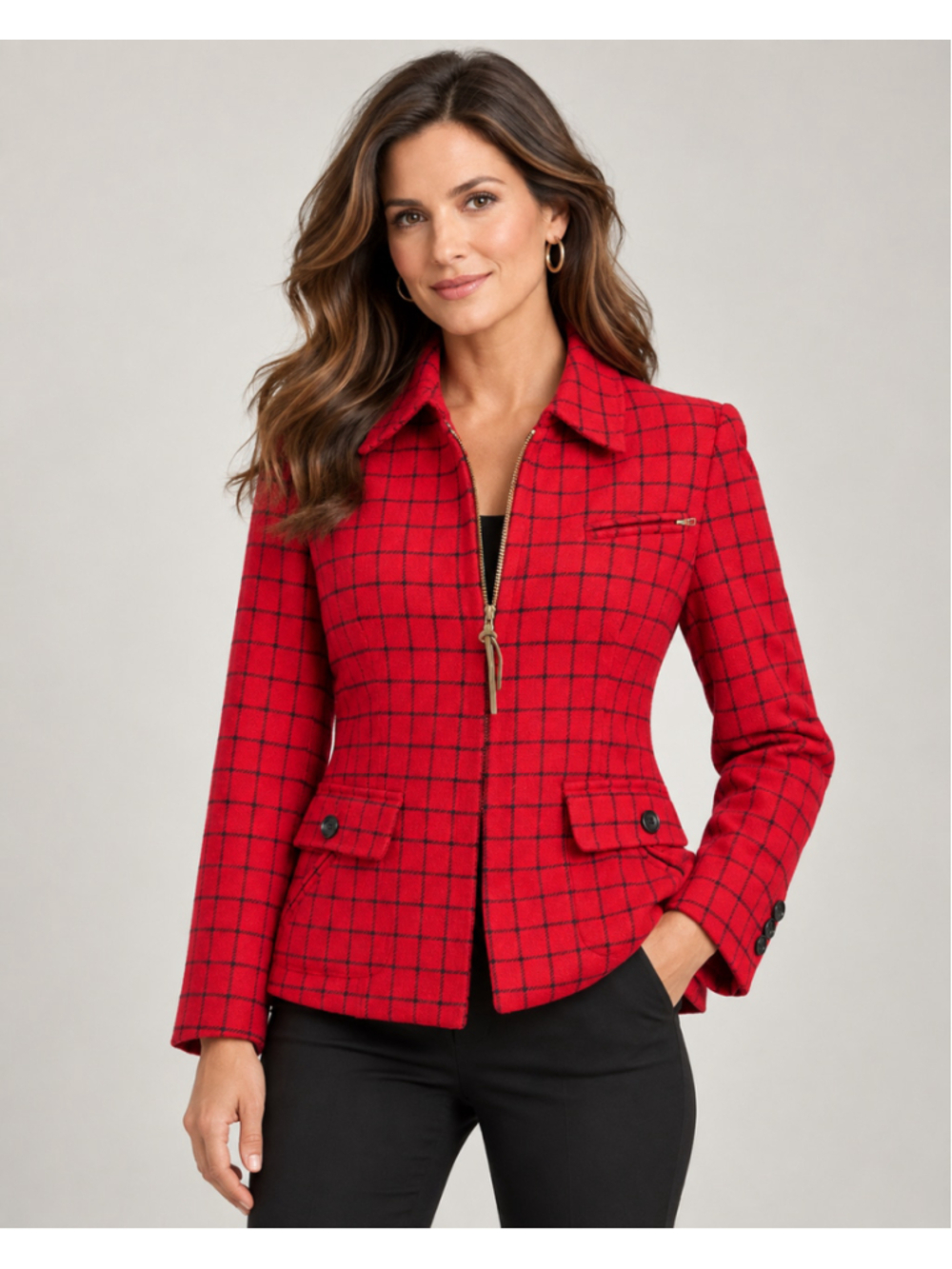 Lauren Ralph Lauren Petite Red Plaid Wool Zip Front Jacket Blazer Size 6P Made i